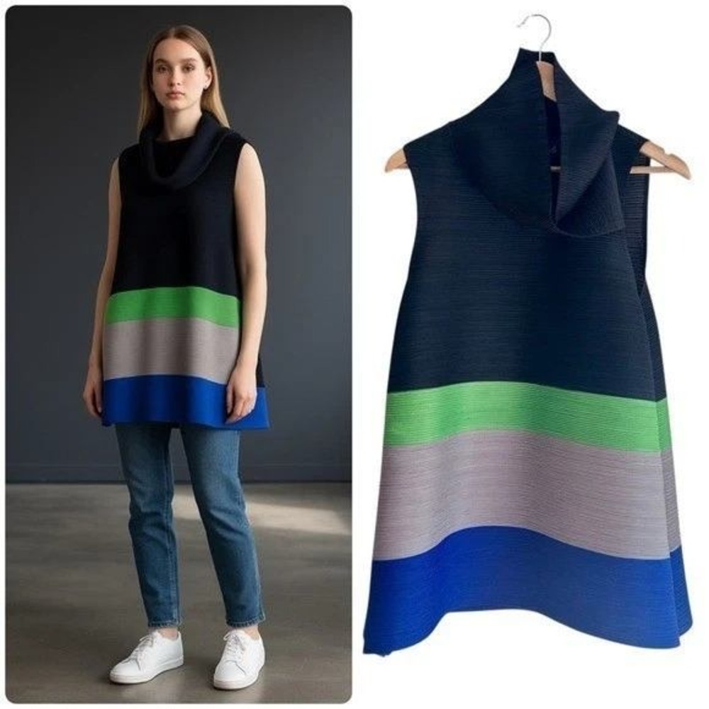 Limited by Ronen‎ Chen Black Green Gray Blue Pleated Sleeveless OS Top Tunic
